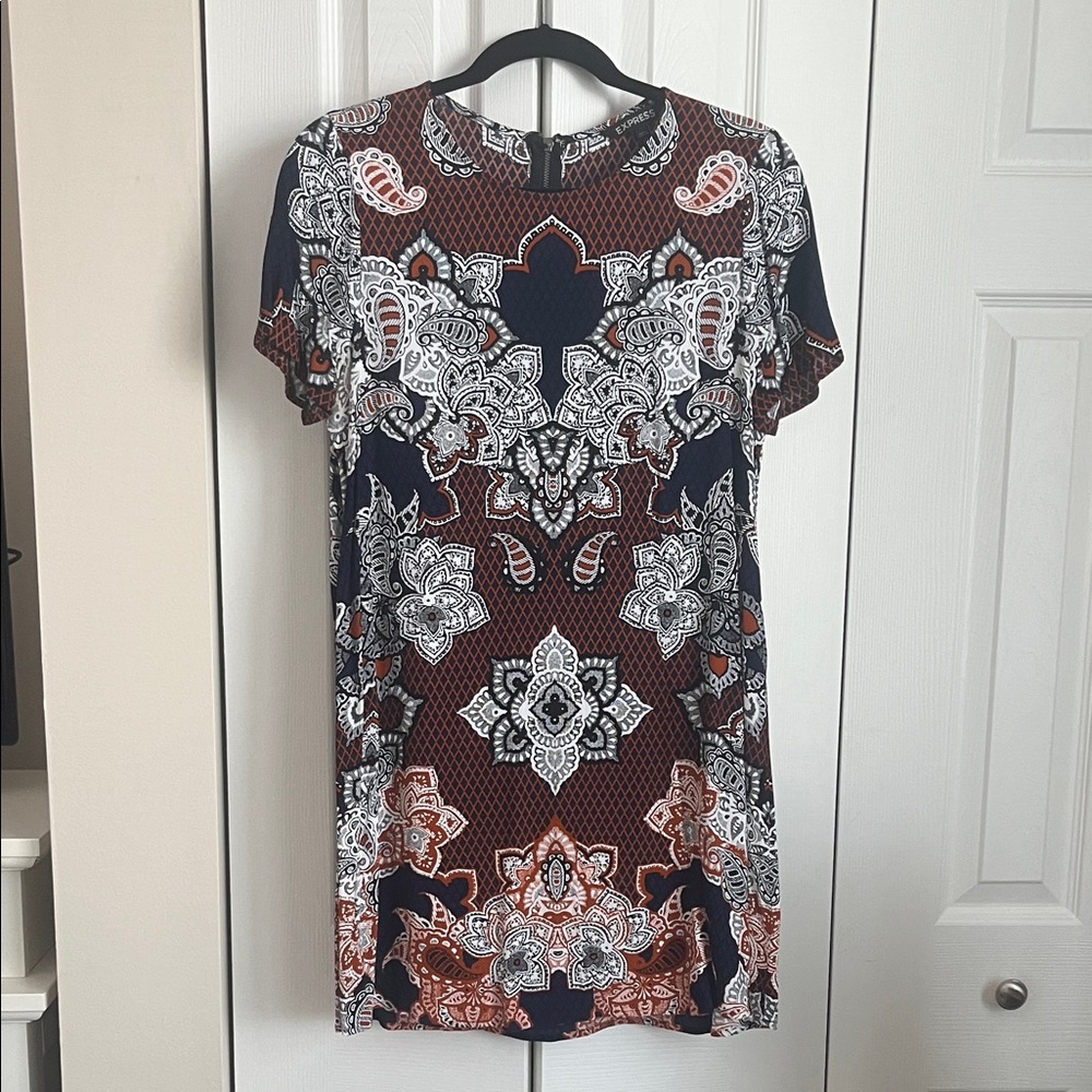Express Navy and Orange Patterned Dress
